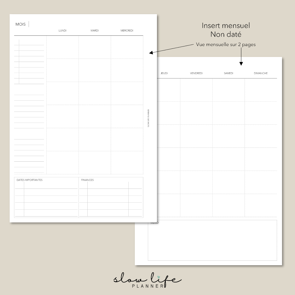Insert Mensuel Non daté Vue mensuelle sur 2 pages
