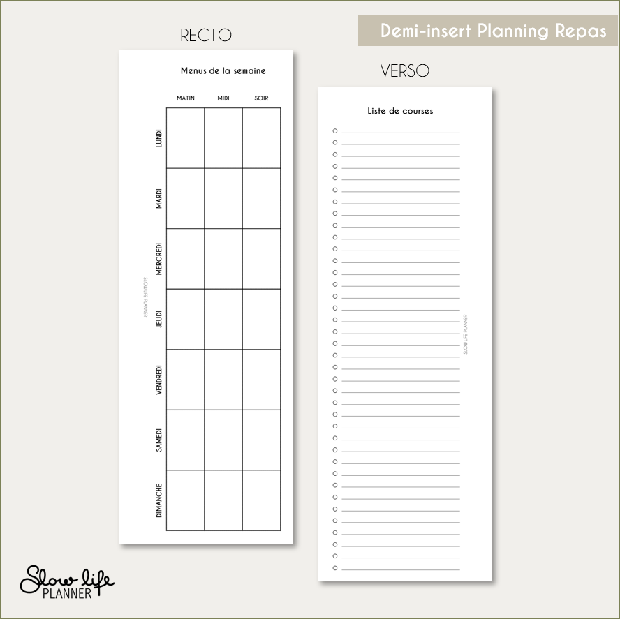 Demi insert - Planning des repas - Menus de la semaine