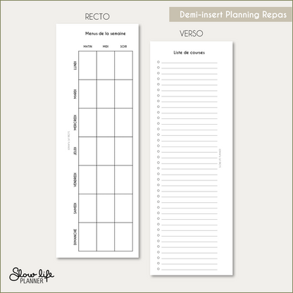 Demi insert - Planning des repas - Menus de la semaine